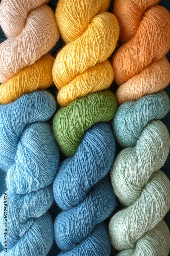 Poster elegant knitting design featuring a colorful array of textured yarn in a cozy artisan studio setting