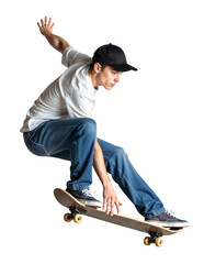 Pro young skateboarder in midair jumping pose on isolated background