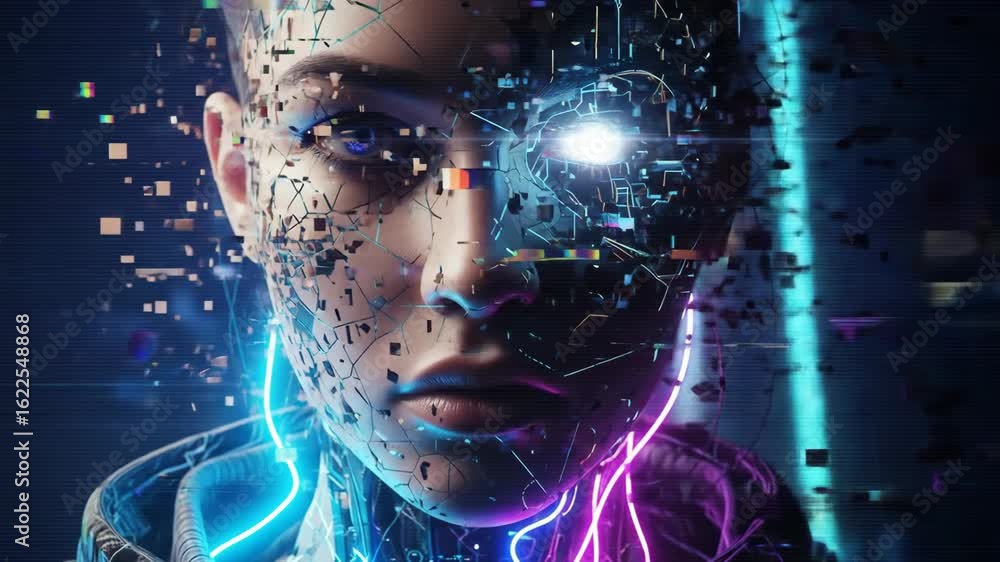 Poster woman's face with neon glow and digital glitches dissolving into abstract pixels for futuristic tech