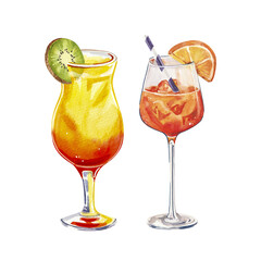 Set of watercolor hand painted summer aperitif cocktails glass simple sketch illustration on white background DIY elements for bar menu social media ads and posters