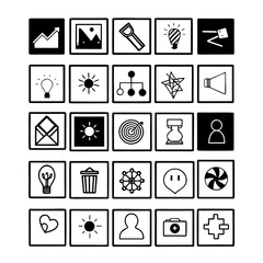 Minimilist collection of twenty five different black and white square icons arranged in a grid pattern design vector