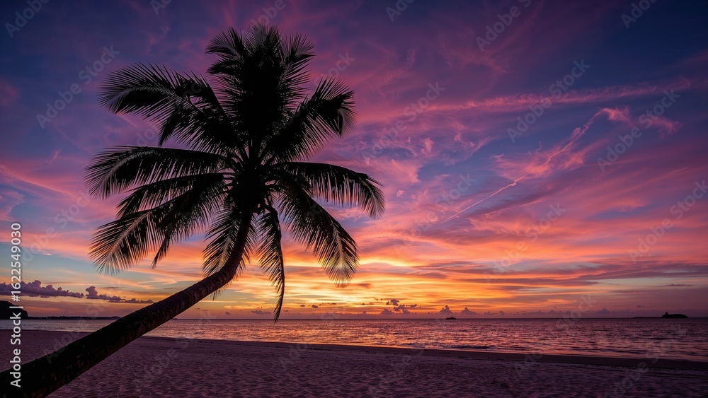 Poster sunset backdrop featuring the shadow of a palm tree on an island