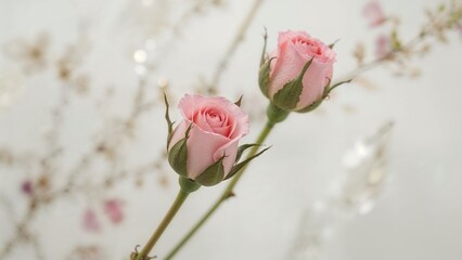 Natural cosmetic ingredients featuring pink rose buds. Oils and preserves included. Elegant floral setting with shallow depth of field and soft focus