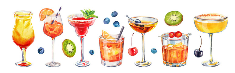Set of watercolor hand painted summer aperitif cocktails glass simple sketch illustration on white background DIY elements for bar menu social media ads and posters