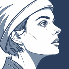 Woman in Cap: Vector Profile Art, Upward Gaze.