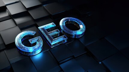 Shiny 3D word GEO floating on a dark blue and black background, tech style design element linked to AI Strategy and Search Intelligence concept