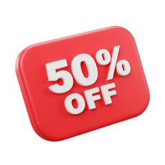A red square promotion sign displaying fifty percent off in white lettering on a white background