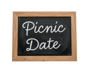 Obraz premium Charming chalkboard sign announcing a picnic date with rustic wooden frame and clear handwritten message