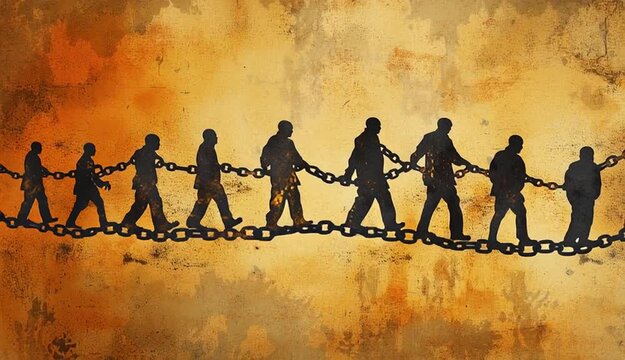 Chains of oppression: slavery roots, trade horrors, racism rise, captive lives, ownership wrong, enforced labor, freedom denied, social injustice, racial divide, exploited souls, historical burden.

