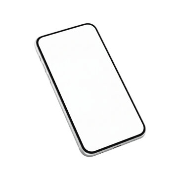 A tilted smartphone with a blank white screen is displayed against a white background image view