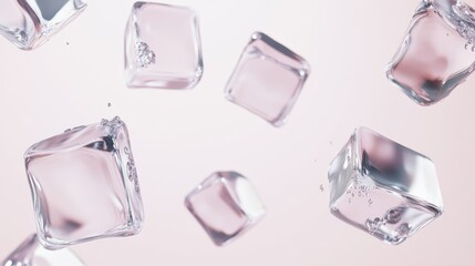 Transparent ice cubes suspended in mid-air, seamless floating pattern top view, crystal clear geometric blocks casting prismatic reflections, ultra-detailed water droplet condensation, sharp edges