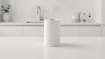 Fototapeta premium Minimalist kitchen scene featuring a paper towel roll on the table, cleanliness and order