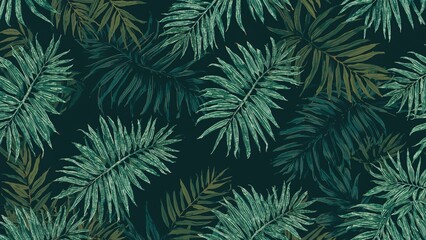 Hand-drawn palm leaf silhouettes forming a seamless tropical jungle pattern, set against verdant foliage, suitable for summer-themed clothing, swimwear, fabric prints, and wallpaper designs.