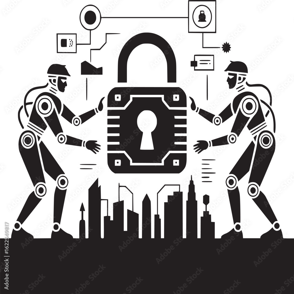 Poster two robots securing a city with a large padlock and connected network in black and white style