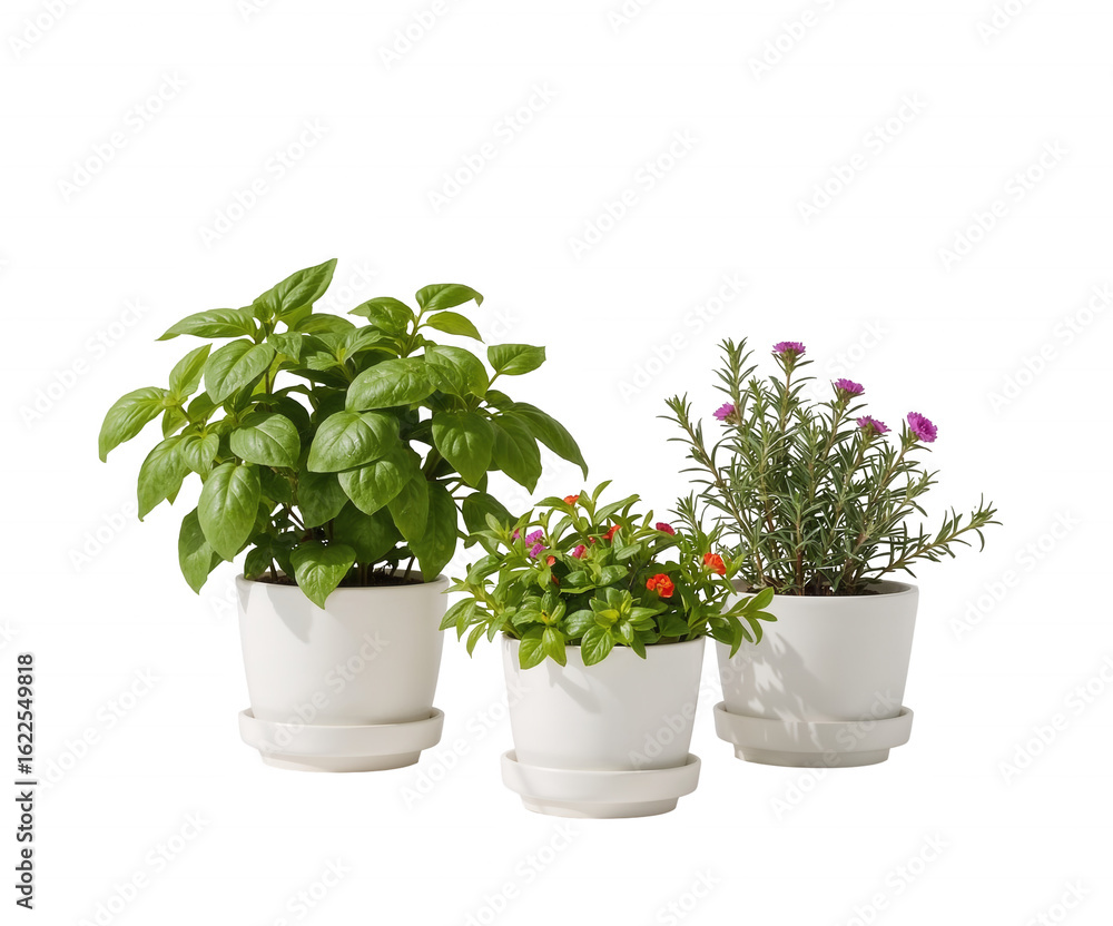 Poster charming trio of potted herbs in crisp white containers displayed in a studio setting
