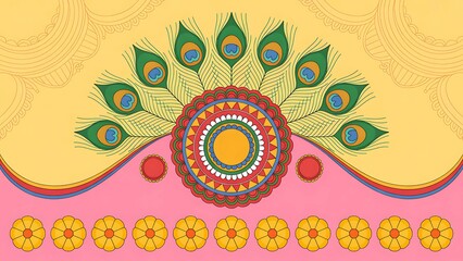 Vibrant Indian Folk Art with Peacock Feathers and Floral Motifs for Festive Celebrations and Cultural Designs, Hand-Drawn Style, Rich Colors, and Traditional Flair