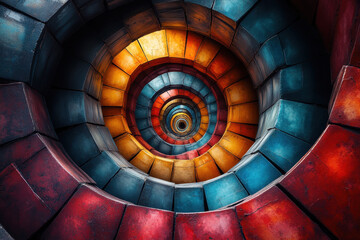 Naklejka premium Red and yellow spiral staircase in a building.