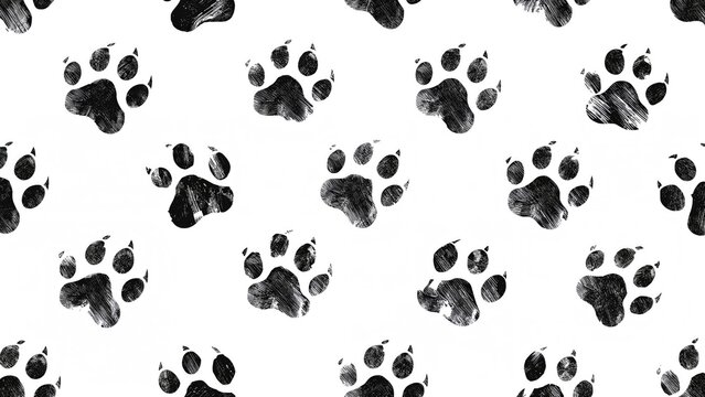 Continuous pattern of paw prints on white backdrop. Adorable dark and light animal footprints. Flat design texture. Suitable for fabric and wall coverings.