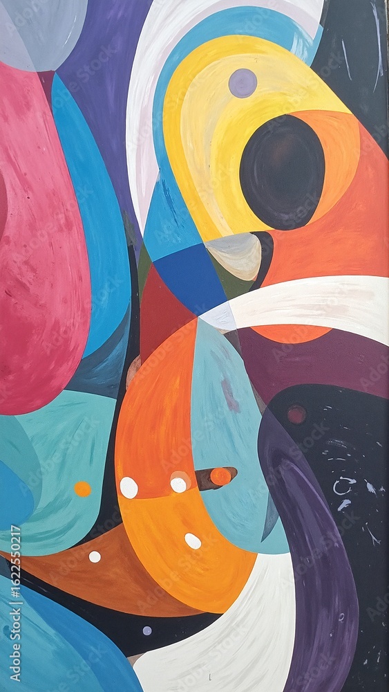 Poster a vibrant painting featuring a dynamic arrangement of abstract shapes in bold colors, blending geome