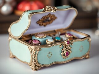 A light blue jewelry box with gold trim open displaying various rings and decorative embellishments inside