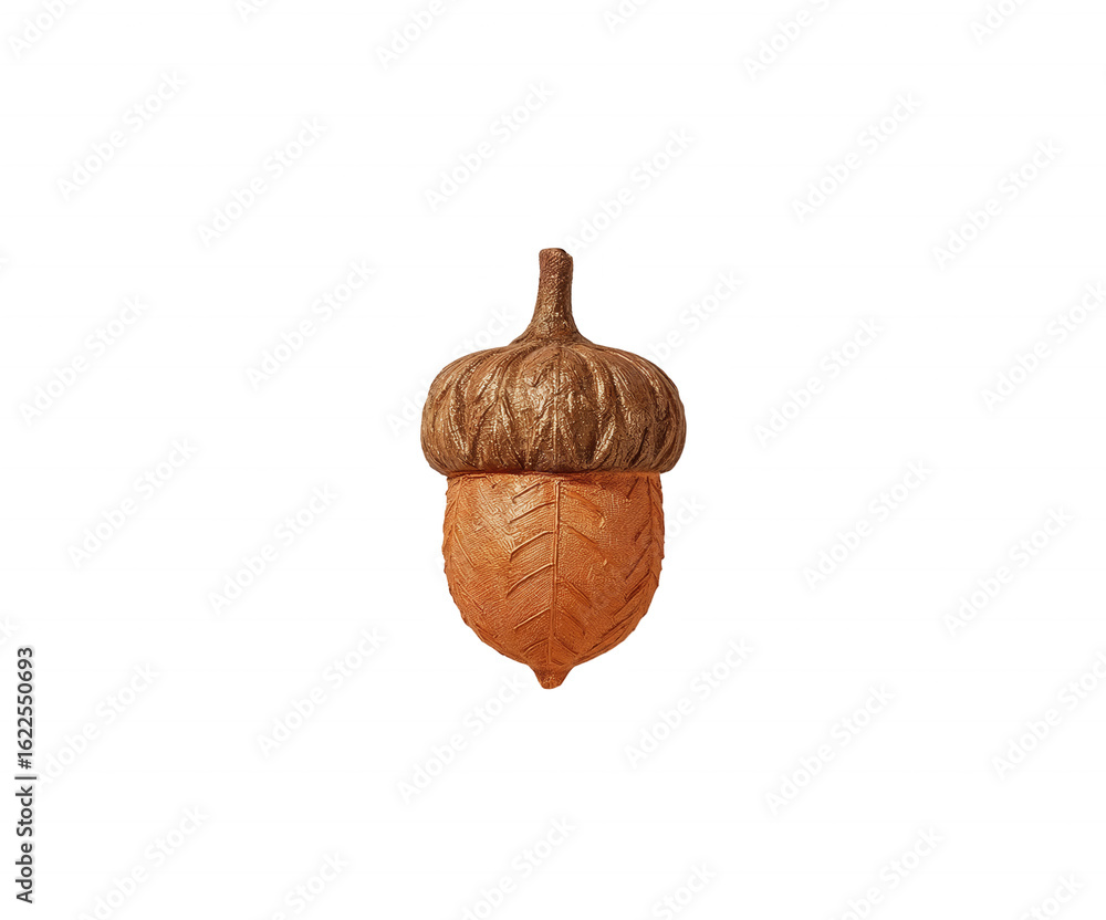 Poster close-up still life of an acorn with copper texture on a clean background featuring sharp focus and 