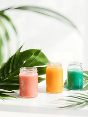 Three jars of colorful liquids with palm leaves on a white surface in a bright and airy setting