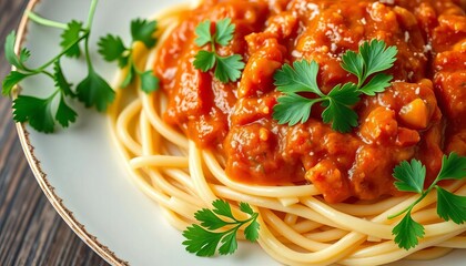 Classic Italian pasta with vibrant tomato sauce and fresh parsley garnish Top view, copy space, recipe, overhead