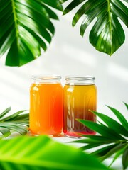 Two glass jars filled with colorful liquid surrounded by green tropical leaves on a white surface