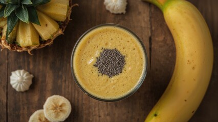 Top-down perspective of a healthy vegan smoothie made from fresh pineapple, banana, and chia seeds on a wooden tabletop.