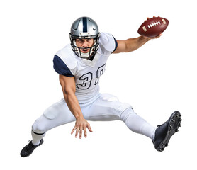 American football player running with ball, action in midair jump, isolated background