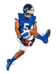 Airborne American football player in motion, isolated on transparent background