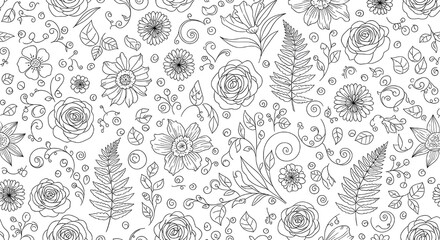 Monochrome Line Art Floral Pattern – Elegant Seamless Design for Wallpaper and Fabric