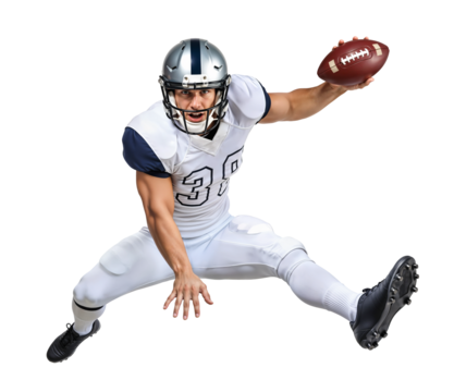 American football player running with ball, action in midair jump, isolated background