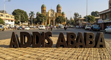 Obraz premium Wooden Addis Ababa Sign with Saint George Cathedral View, Ethiopia Capital City