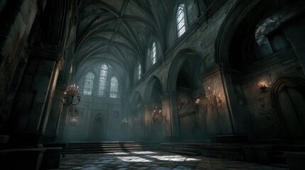 Fototapeta premium Dark Gothic Dungeon Interior with High Vaulted Ceilings and Light