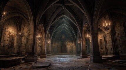 Fototapeta premium Gothic Dungeon with High Vaulted Ceilings in Dark Atmosphere