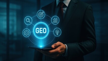Man in dark green suit holds phone with GEO hologram and icons for analytics in tech, AI Strategy, Search Intelligence