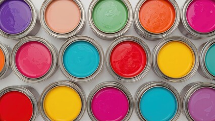 Assorted open paint cans showing vibrant colors from a top perspective against white