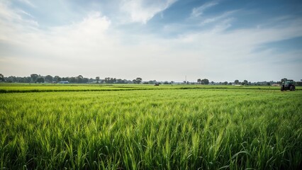 Fototapeta premium Summer farmland with green plants and white flowers