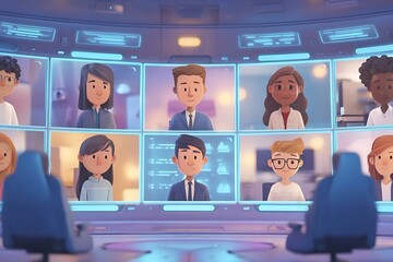 Diverse team connects remotely in futuristic video conference, fostering global collaboration and modern business.