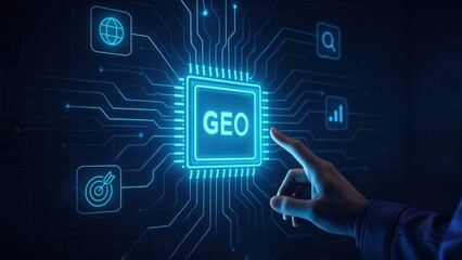 and reaches pointing glowing GEO chip in deep blue grid and icons, AI Strategy, Search Intelligence