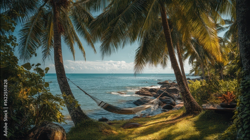 Poster serene hammock between two palm trees by the ocean's edge