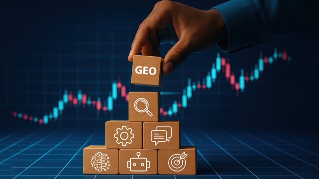 Hand places wooden GEO cube on icon, showing data driven digital marketing, AI Strategy, Search Intelligence