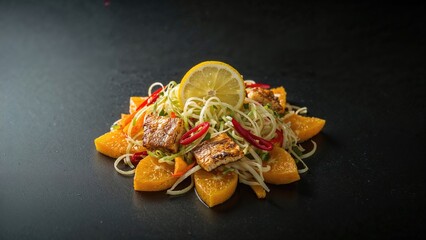 Tropical papaya salad with fresh fish and citrus fruits, styled as a healthy Asian dish