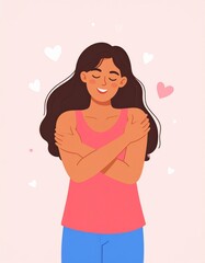 A cheerful illustration of a woman embracing herself, surrounded by heart shapes, symbolizing self-love and positivity.