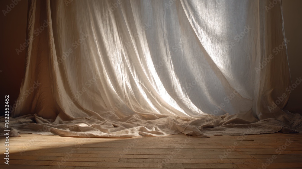 Poster soft hazy ambient light through linen fabric draped backdrop