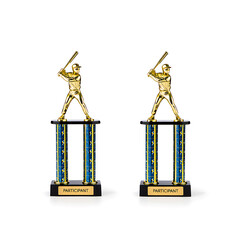 Two Golden Baseball Player Trophies with Blue Columns 1