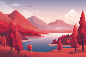 Colorful autumnal landscape with a serene lake and mountains.