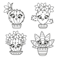 Cute cartoon cacti with flowers in a pots set outlined for coloring page on white background