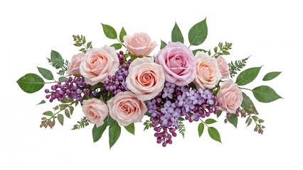 Isolated roses and lilac on clear backdrop. PNG image. Delicate floral arrangement with garden blossoms. Perfect for greeting cards, invitations, and weddings.